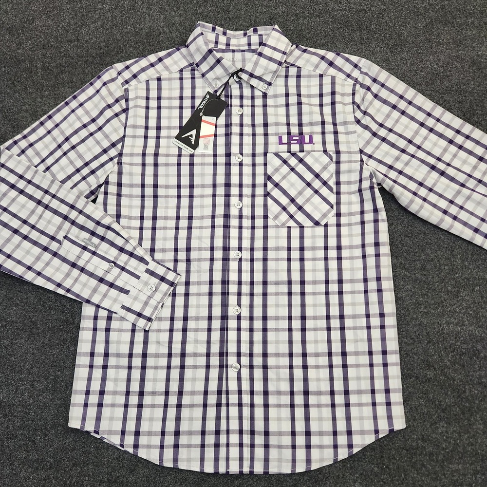 Antigua Mens Small LSU Louisiana Tigers Purple White Plaid Button Down Shirt
